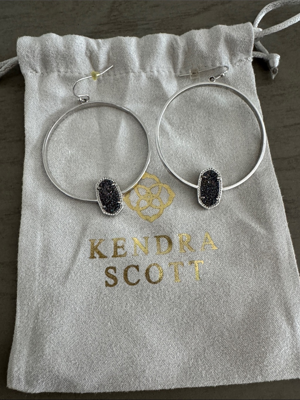 Kendra Scott Silver Hoop Earrings with Black Druzy Accents